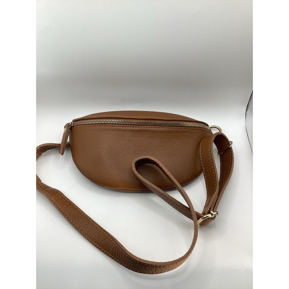 Divas Bag Brown Pebbled Crescent Belt Bag Gold Hardware Crossbody Zip Closure